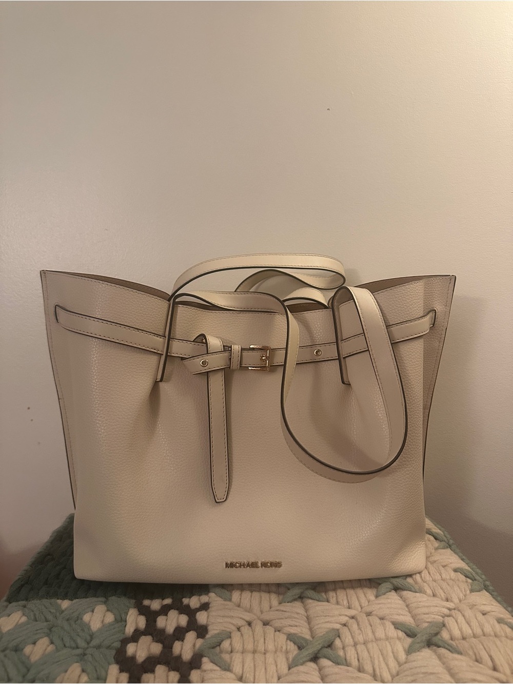 Michael Kors Cream Pebbled Leather Tote with Belt Detail